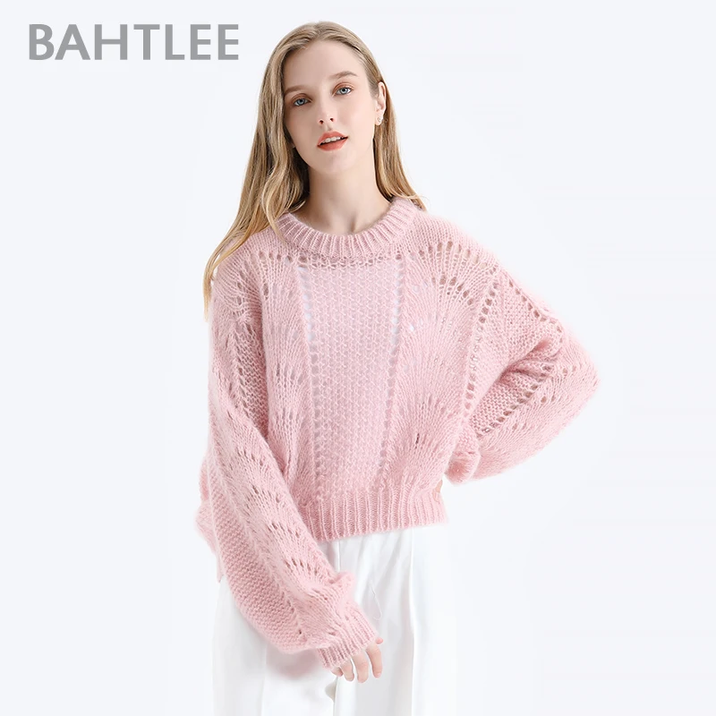 BAHTLEE-Women\'s Lantern Sleeves Knitted Sweater, Loose Pullover, Short Wool Jumper, Hollow Out, Autumn, Winter
