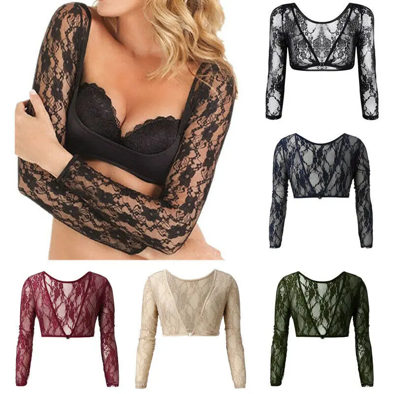 Seamless Arm Shaper Sleevey Women\'s Sexy Lace V-neck Perspective Crop Tops S-3XL