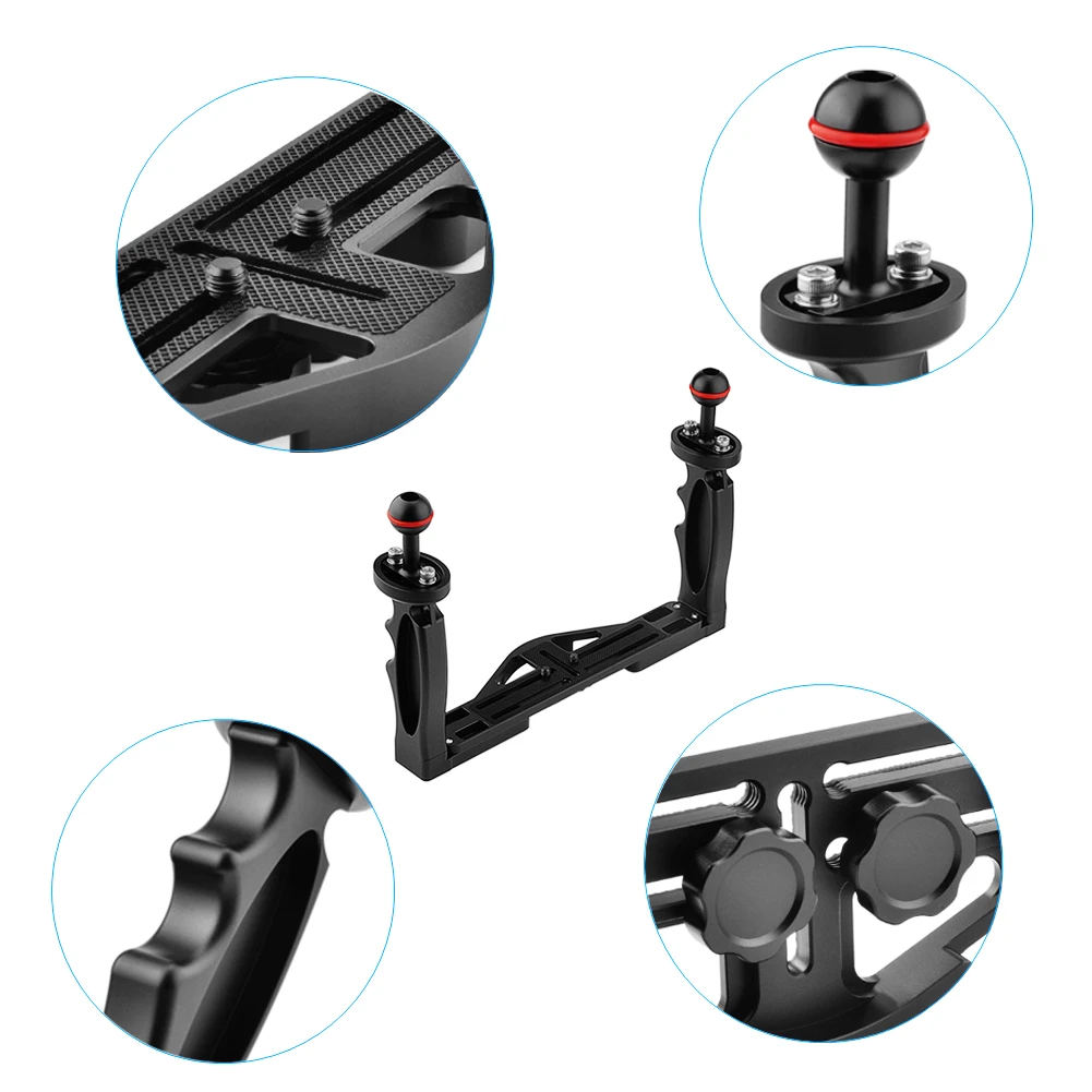 Plateau en aluminium à double poignée pour plongée, boîtier de caméra sous-marine, boîtier étanche, bras lumineux, support de pince avec boule de 1 pouce