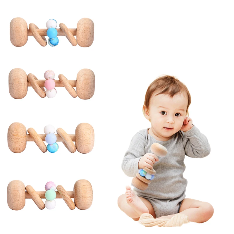 Wooden Rattle Beech Hand Teething Wooden Ring Baby Planet beads Rattles Play Gym Montessori Stroller Toy baby Christmas Gift