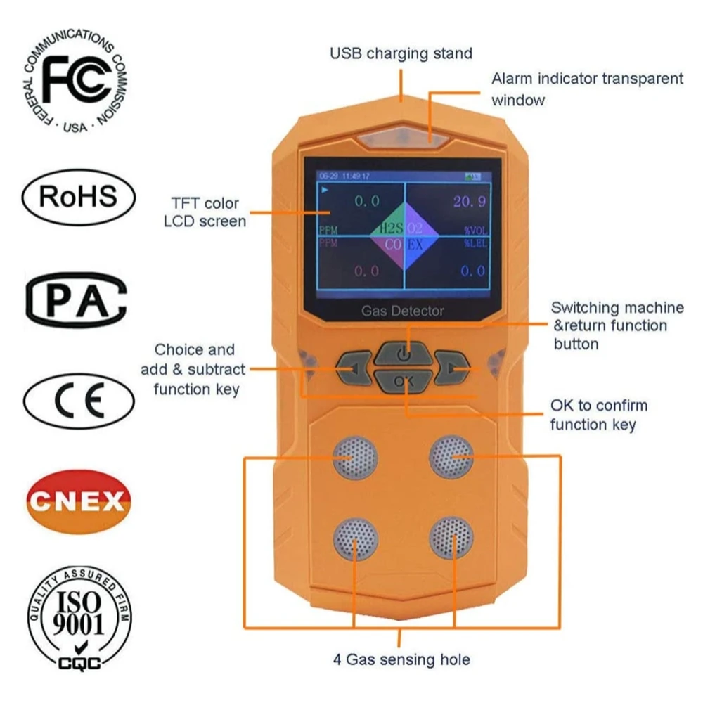 4 in 1 Gas Detector Gas Analyzer Portable Multi Gas Monitor Color Display with Graphing Rechargeable Battery Sound Light Alarm