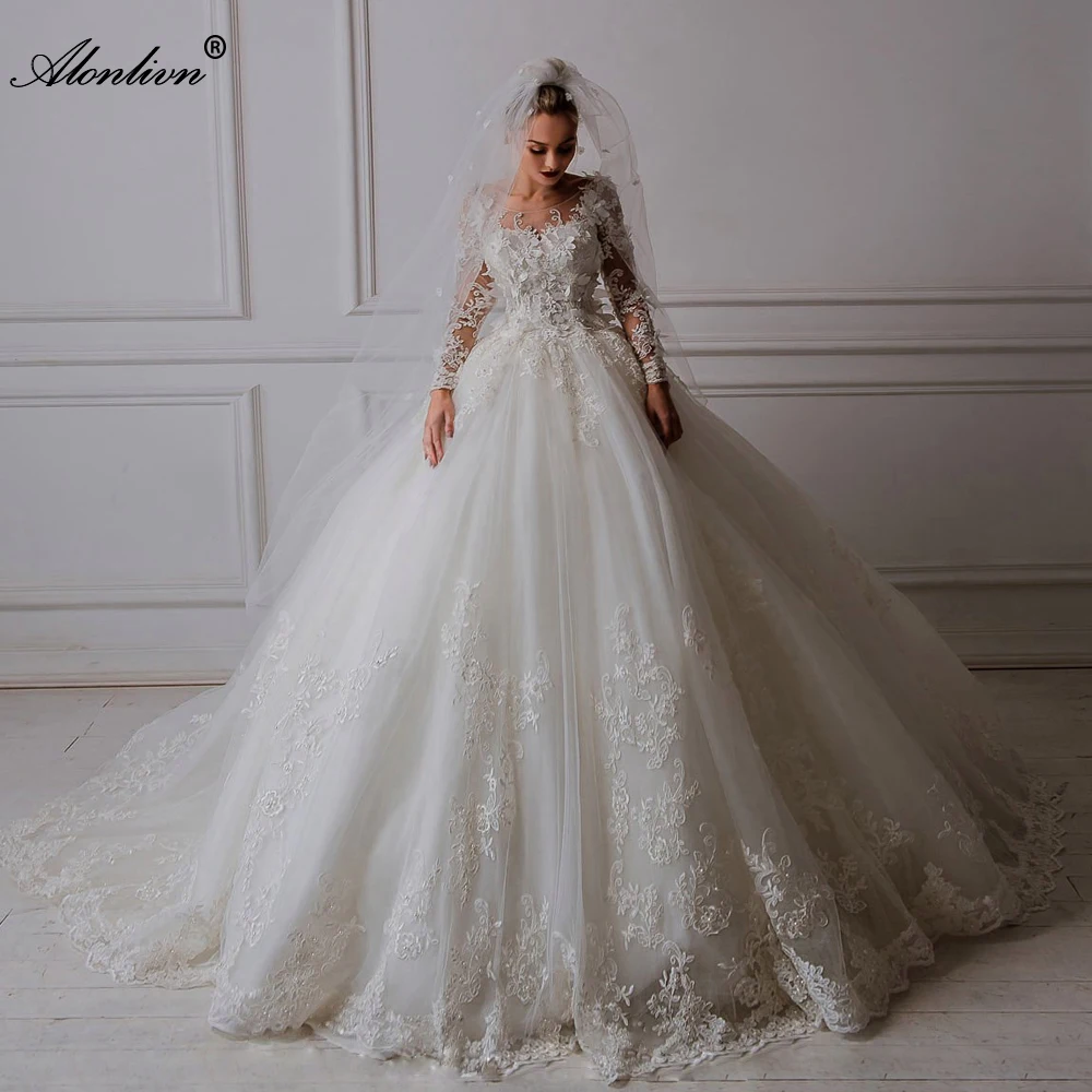 Alonlivn Estido De Novia Arabic Luxury V-Neck Tulle Applique Long Sleeve Wedding Dress Elegant O-neck Wedding Bridal Gowns