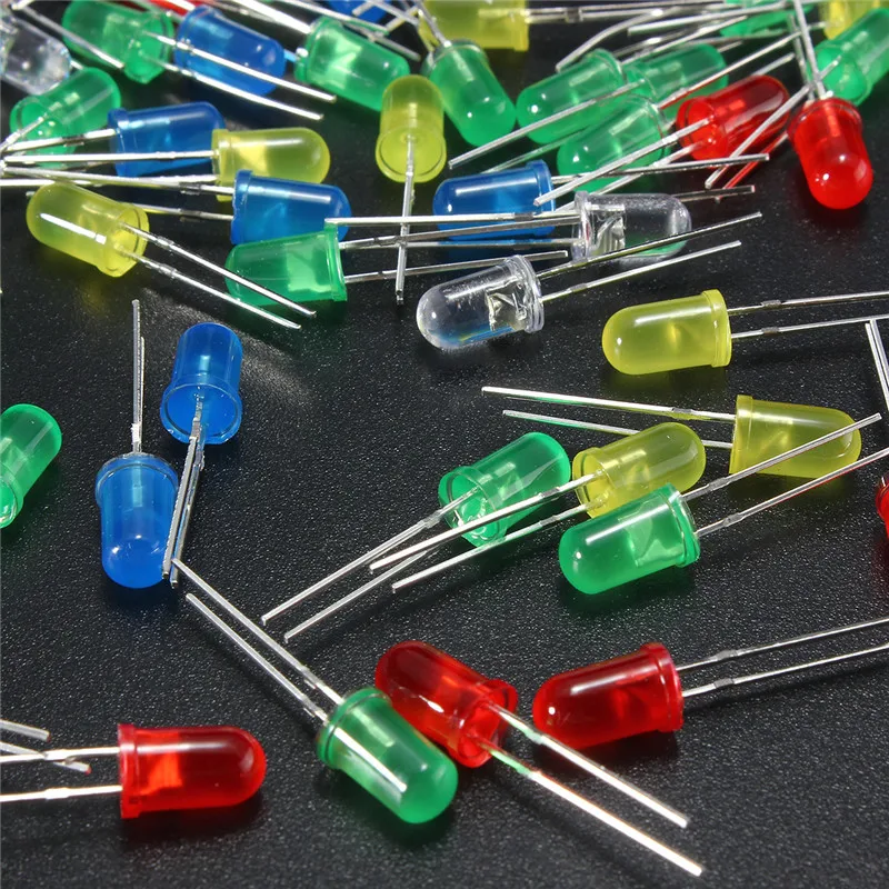 50Pcs/lot 5mm LED Light Diodes Round Top Color Diffused LED Light Emitting Diode Lamp Assorted Kit White Yellow Red Blue Green
