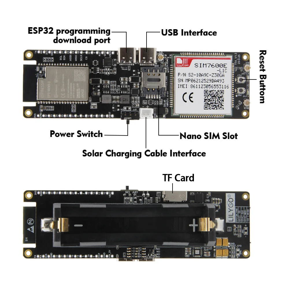 LILYGO® TTGO T-SIM7600E-L1C 4G LTE CAT4 USB Dongle  Module ESP32 Chip WiFi Bluetooth 18650 Battery Holder Solar Charge Board