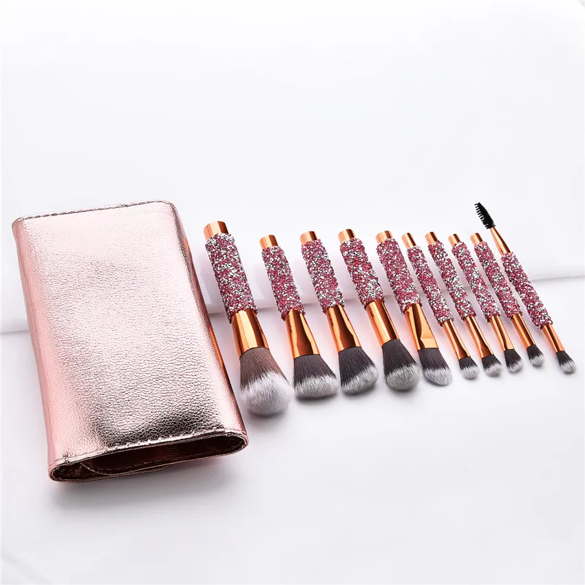 SAIANTTH 10pcs Rhinestone Crystal Glitter makeup brushes set Pro foundation blush brush blending concealer powder beauty tool