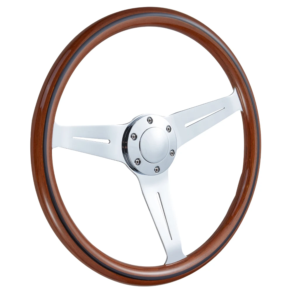 

Wooden 380mm 15''Classic steering wheel 3 hole Chrome Spoke Vintage Classic Wood Grain Finish