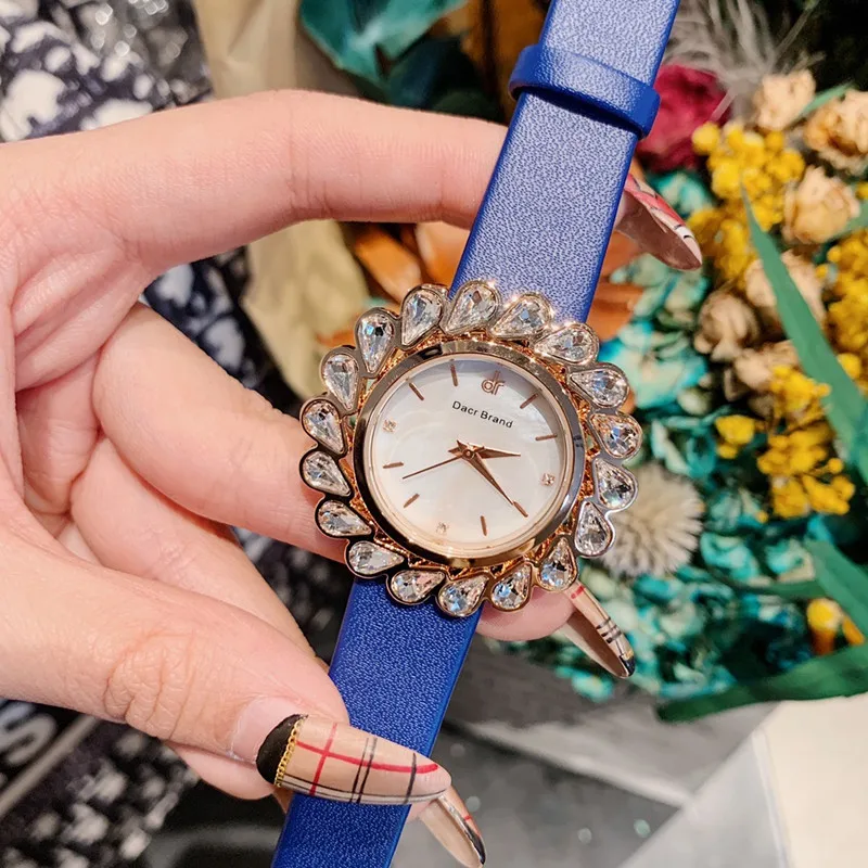 

Brand Newest Water Drop Crystals Watches Women Luxury Diamond Garland Flowers Wrist watch Waterproof Real Leather Watch Quartz