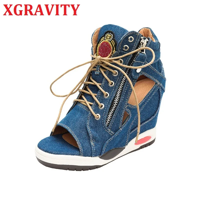 

XGRAVITY Denim Canvas Wedge Shoes Summer New Women Comfortable Wedges Heels Stylish Simple Denim Open Toe High Heel Sandals B057