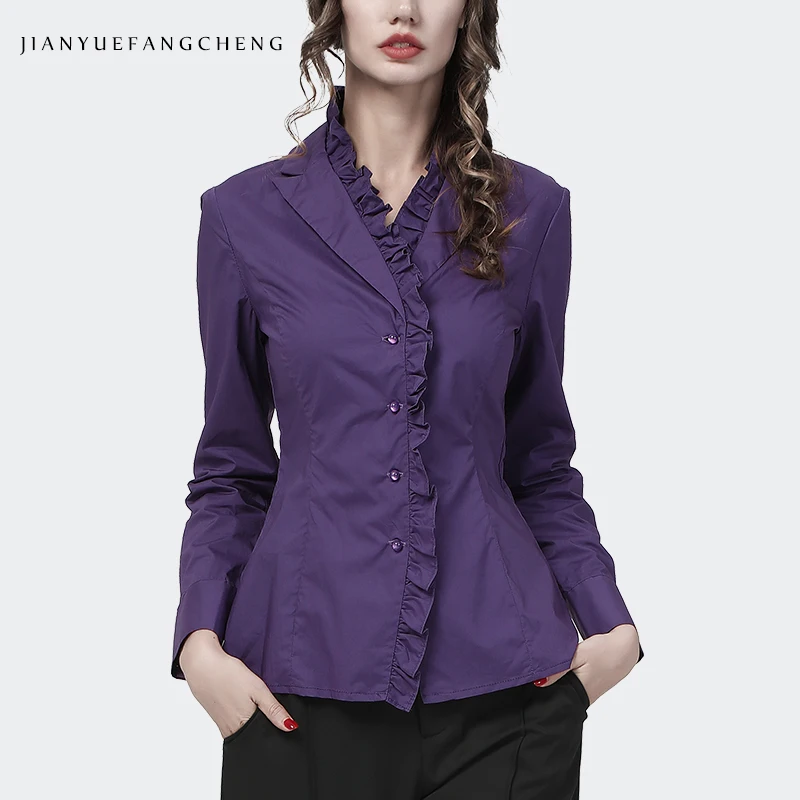 100% Cotton Women Ruffle Suit Collar Long Sleeve Shirt 2021 Autumn new Elegant Slim Purple Single-Breasted Ladies Top