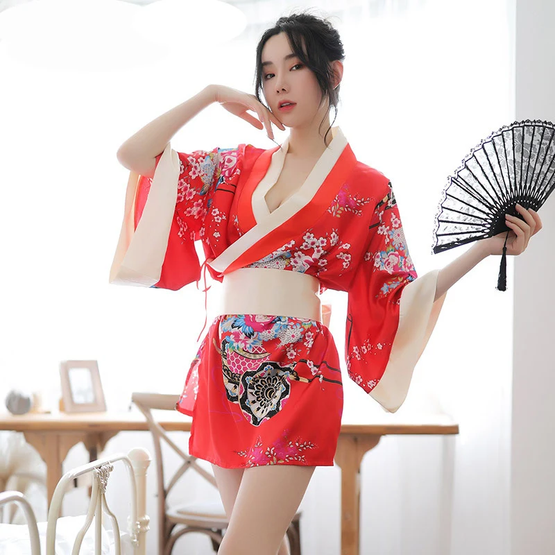 Traditional Japanese Kimono Women Sleepwear Uniform Sexy Lingerie Deep V-neck Kimono Floral Short Bath Robe Sex Play Nightwear