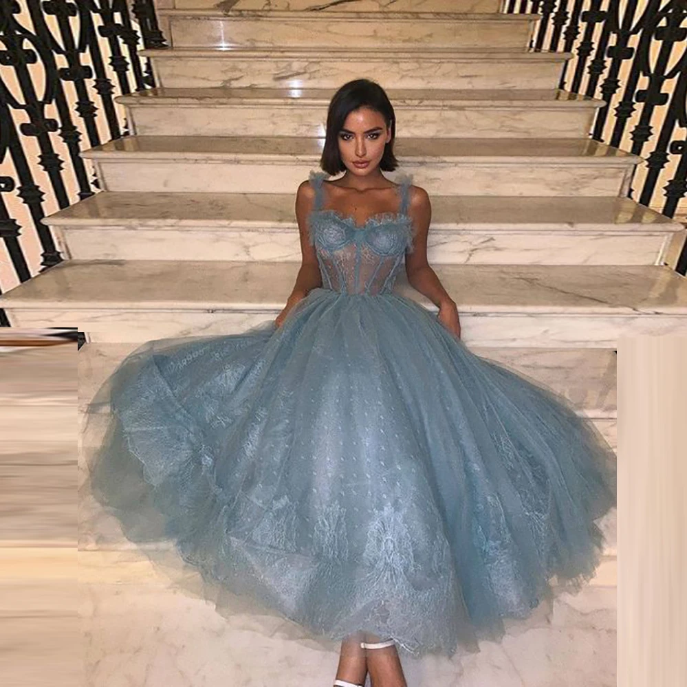 

Puffy Evening Dress Dusty Blue Ba;ll Gown Prom Dresses abiye robe de soiree longue Chic Evening Gowns Lush Tulle