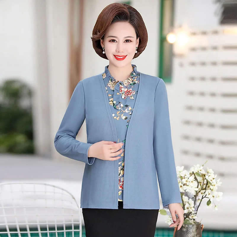 Women Blouse And Tops 2022 Spring Long Sleeve Fake Two Pieces Shirts Large Size Middle Age Old Female Print Elegant 2PCS Set W19