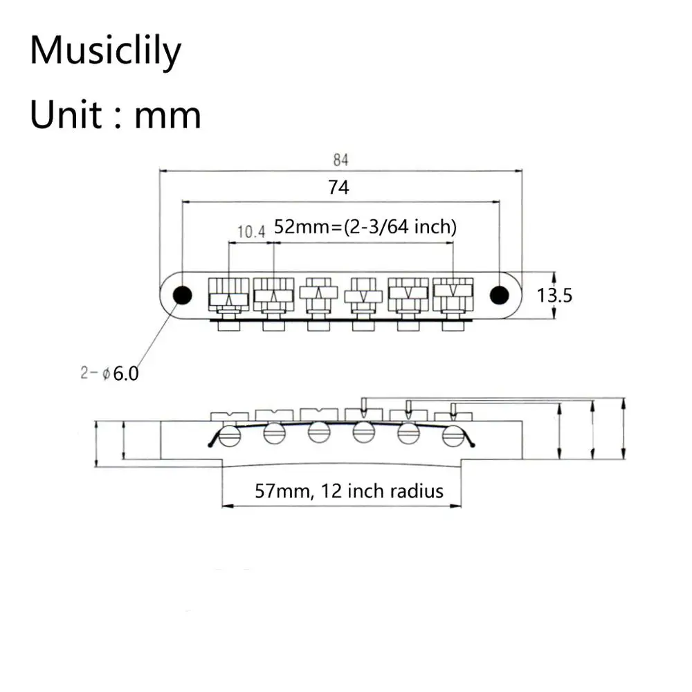 Wilkinson 52mm(2-3/64 inch) String Spacing Wide Style Tune-o-matic Bridge for Gibson/Epiphone Les Paul Style Guitar, Gold