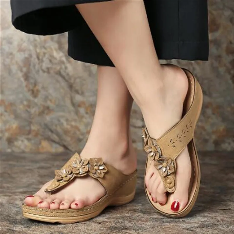 

Brand Women Sandals Summer Shoes PU Slip On 4CM Wedges High Heels Round Toe Shallow Back Strap Flowers Retro Comfortable blue