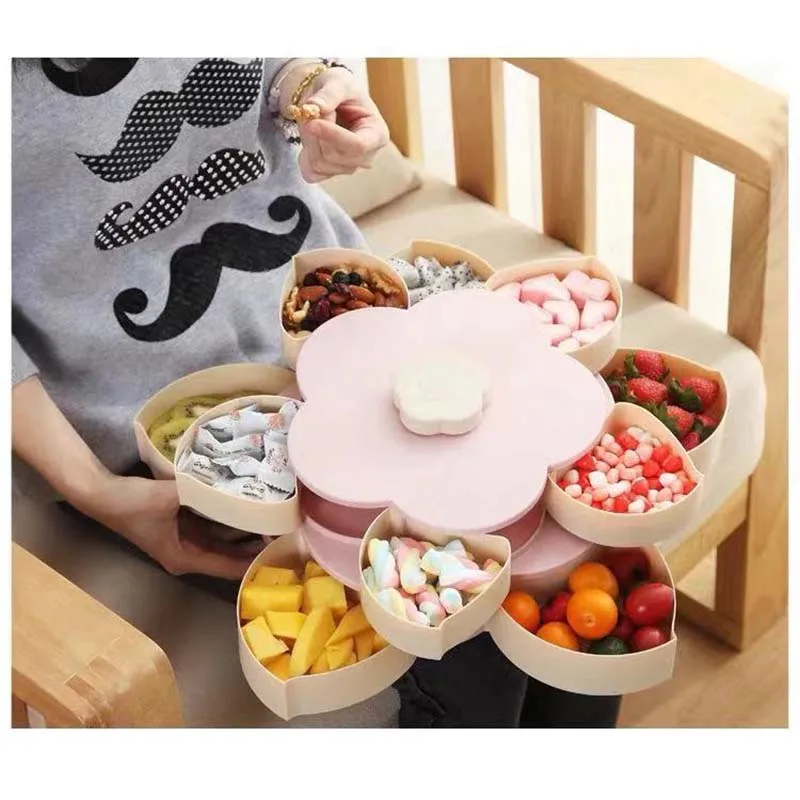 Plastic Lazy Fruit Dish Double Layers Snack Box Candy Plates Petal-shape Rotating Trays Box Dried Fruit Storage Organizer Box