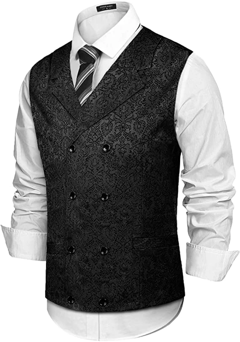 ผู้ชาย Damask ดอกไม้คู่ Breasted Vest Lapel Victorian Era เสื้อกั๊ก Steampunk Slim Vest