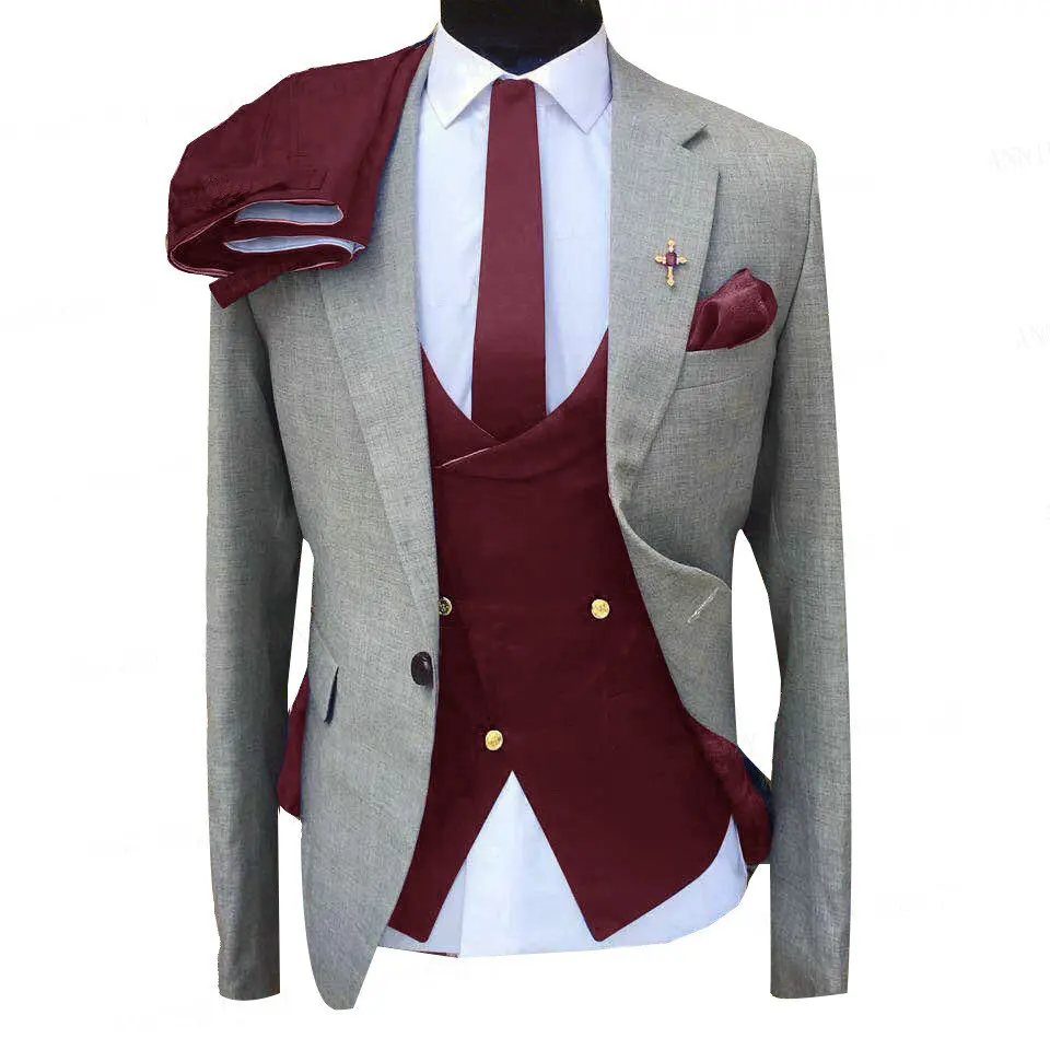 

2021 Formal Mens Suits 3 Piece Custom Made Grey Business Blazer Tuxedo Wedding Groom Suit Burgundy Double Breasted Vest Pant