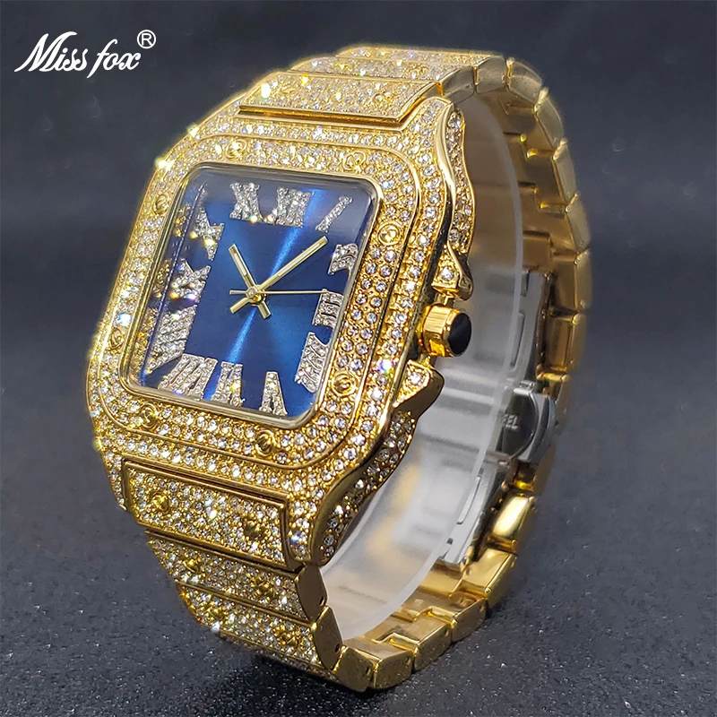 MISSFOX Gold Uhr Männer Mode Luxus Design Royal Blau Zifferblatt Paar Platz Uhren Hip Hop Hohe Qualität Uhren Dropshipping