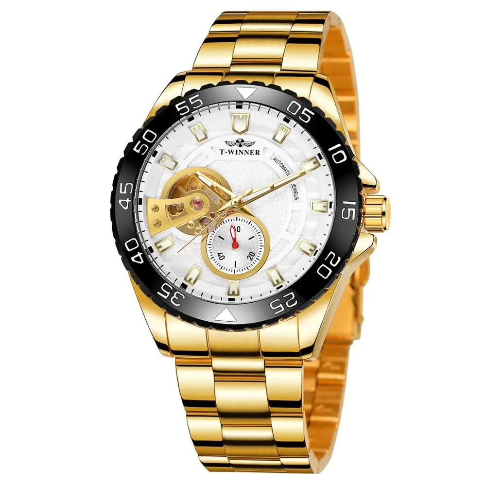 Winner golden white and black dial trend luxury automatic mechanical steel belt men's hand watch can rotate multi-hand