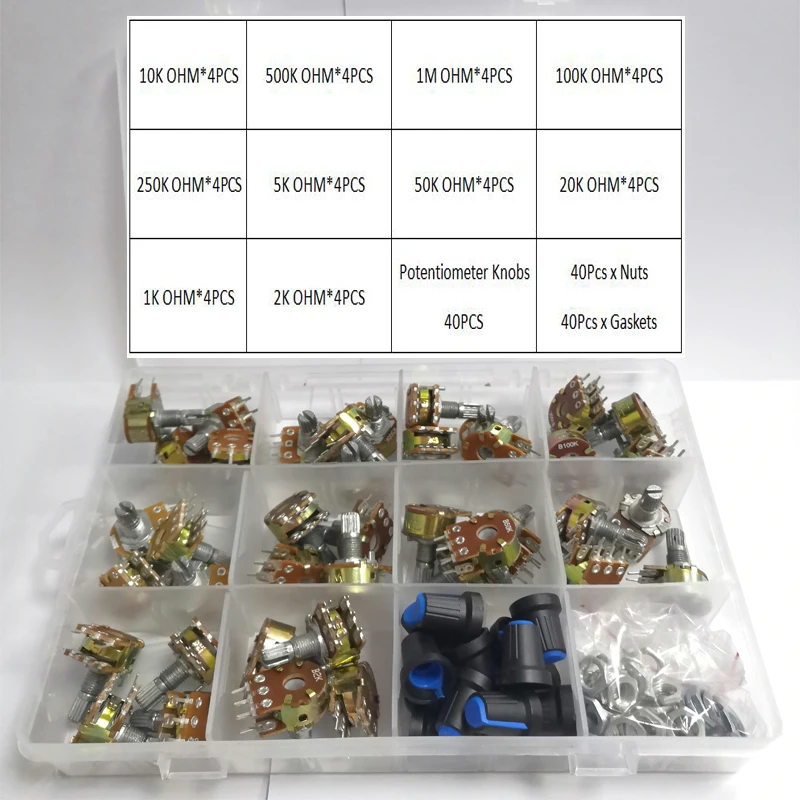 

160pcs Wh148 15MM Dual Gang Stereo 6pin Potentiometer kit 1k 2K 5k 10k 20k 50k 100k 500k 1Mwith knobs Single Set Shaft Nuts