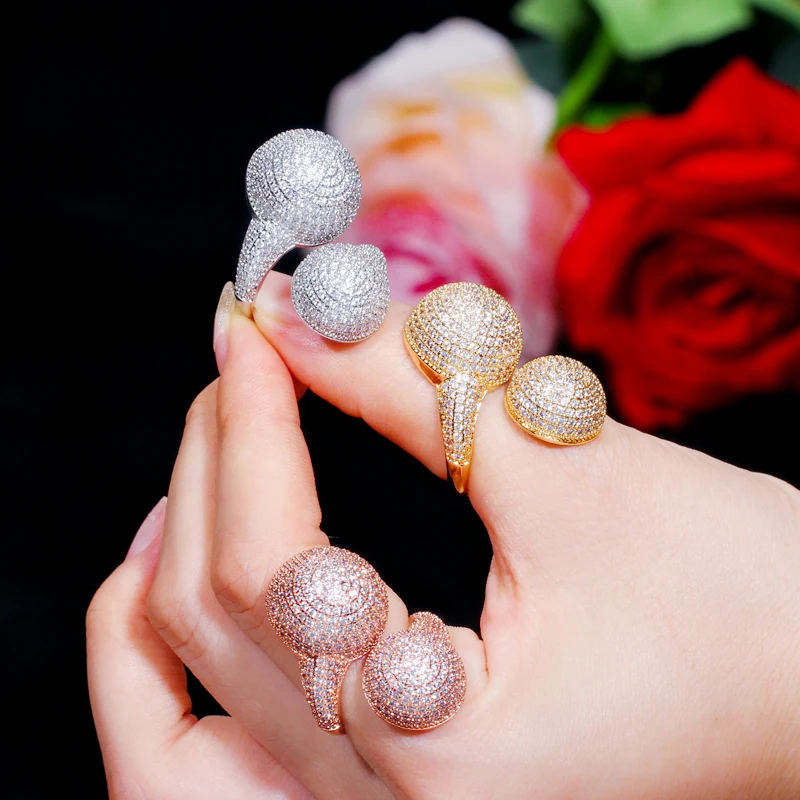 CWWZircons Adjustable Micro Pave Cubic Zirconia Ball Gold Color Fashion Ladies Engagement Finger Rings for Wedding Party R151