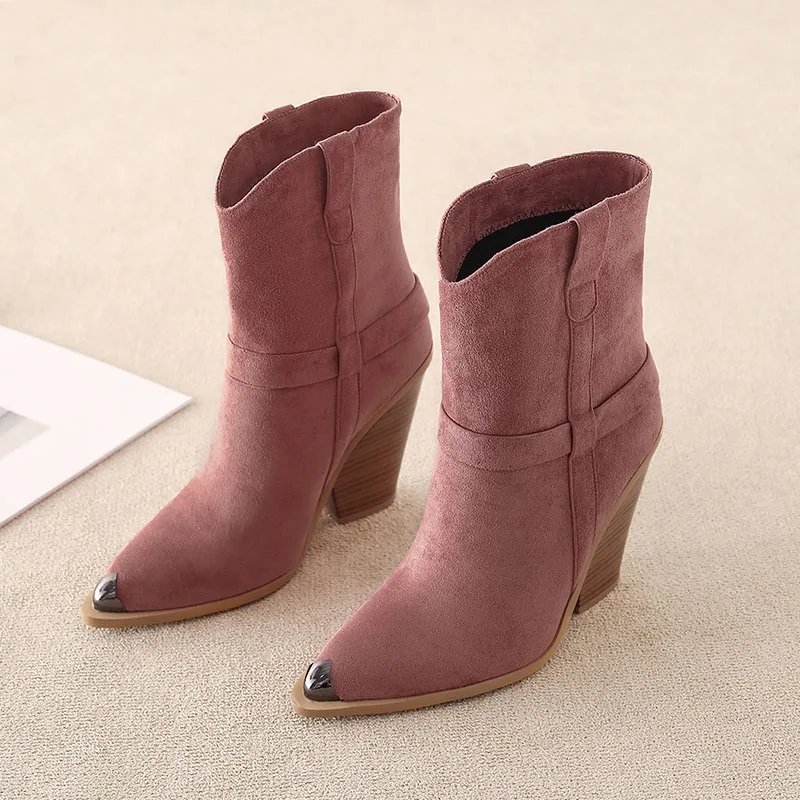 Phoentin velvet women\'s boots on a wedge 2020 cowboy Boots female winter slip on pink ladies shoes metal pointed toe FT1095