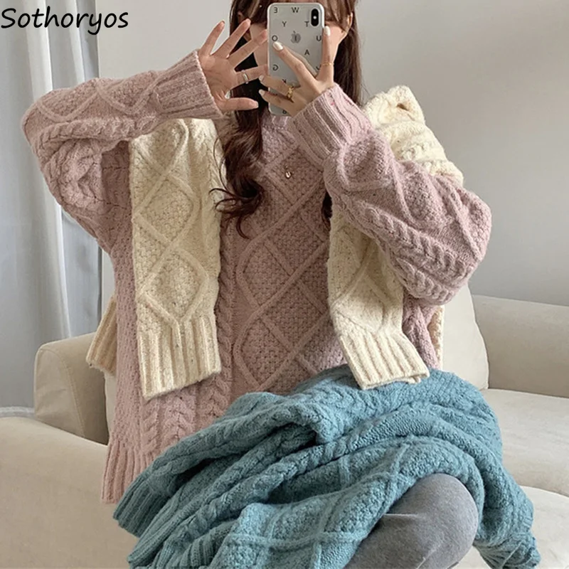 Thick Pullovers Women O-neck Sweaters Japan Preppy Solid Simple Loose Thermal Long Sleeve Knitwear Ins Sweet Popular Winter Cozy