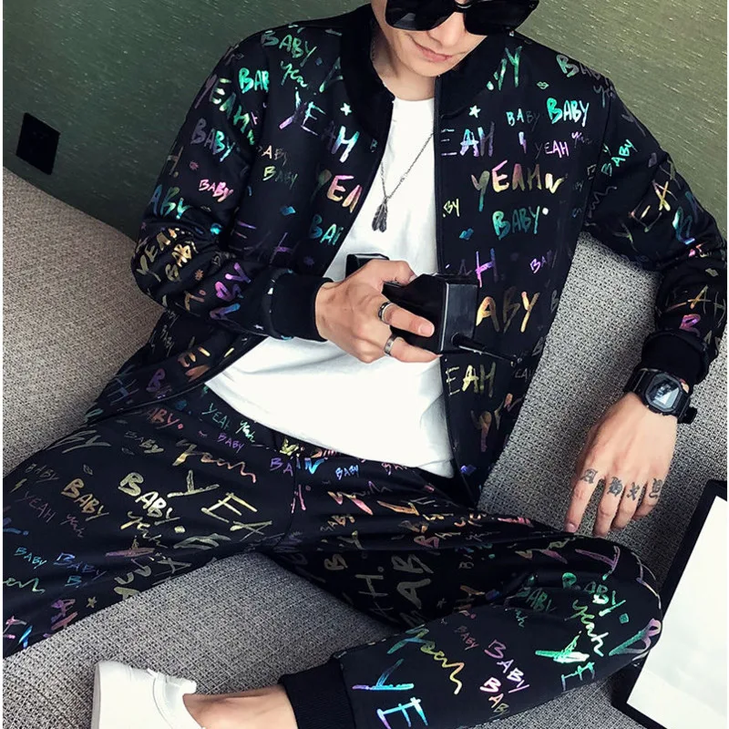 

Colorful Hot Men Stamping Flower Set For Men 2 Piece Sets Sport Suit Jacket + Pants Moda Hombre 2020 Ropa Autumn Chandal Homb
