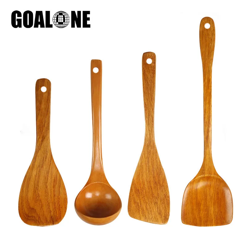 GOALONE 4PCS Wooden Cooking Utensils Set Healthy Nonstick Spatula and Spoon Japanese Style Kitchen Utensils Sets Cooking Tools