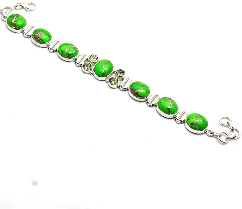 

Genuine Green Copper Turquoise + Peridot Bracelet 925 Sterling Silver, 19.5 cm, GRP0325