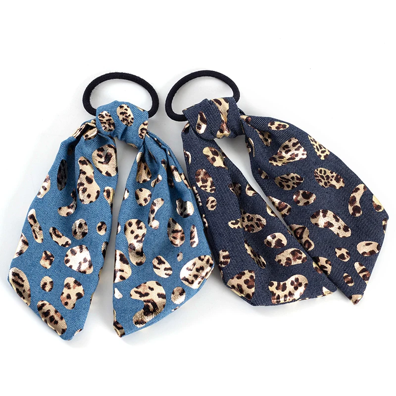 Geebro nowy Denim Leopard Polka Dot długa wstążka kucyk szalik opaska do włosów Scrunchies kobiety dziewczyny elastyczne gumki do włosów gwiazdy list