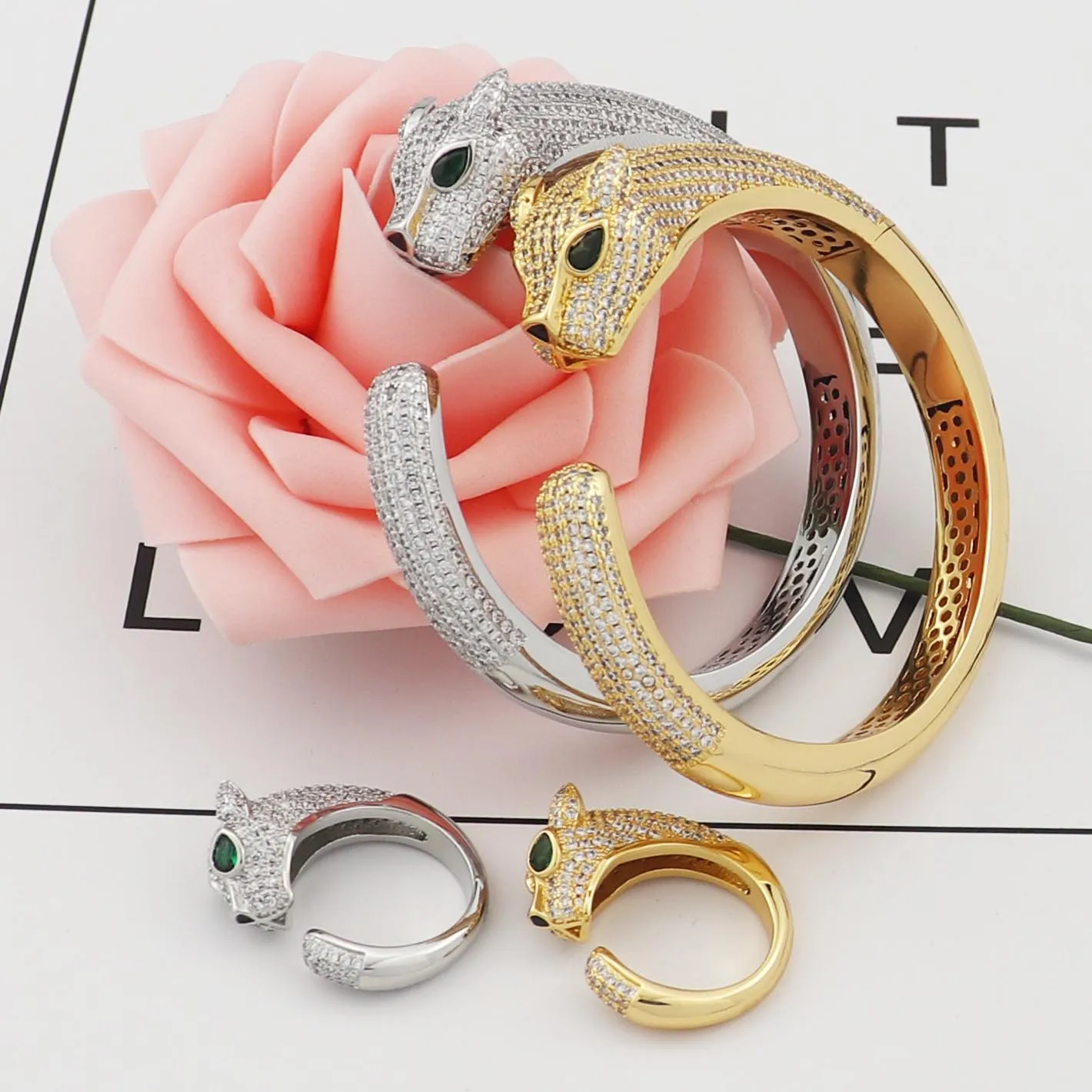 

Tengci Fashionable High end Leopard Head Full Zircon Bracelet with Ring Jewelry Set Suitable for Party Gifts