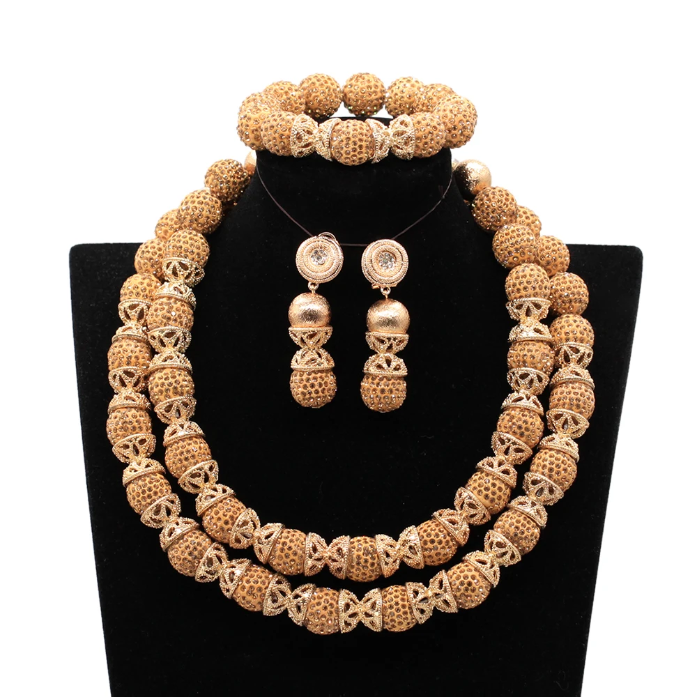 

Dubai Gold Party Jewelry Set Double Layers Gold Rhinestone Beads Jewelry Set African Costume Women Jewelry Set ABG048