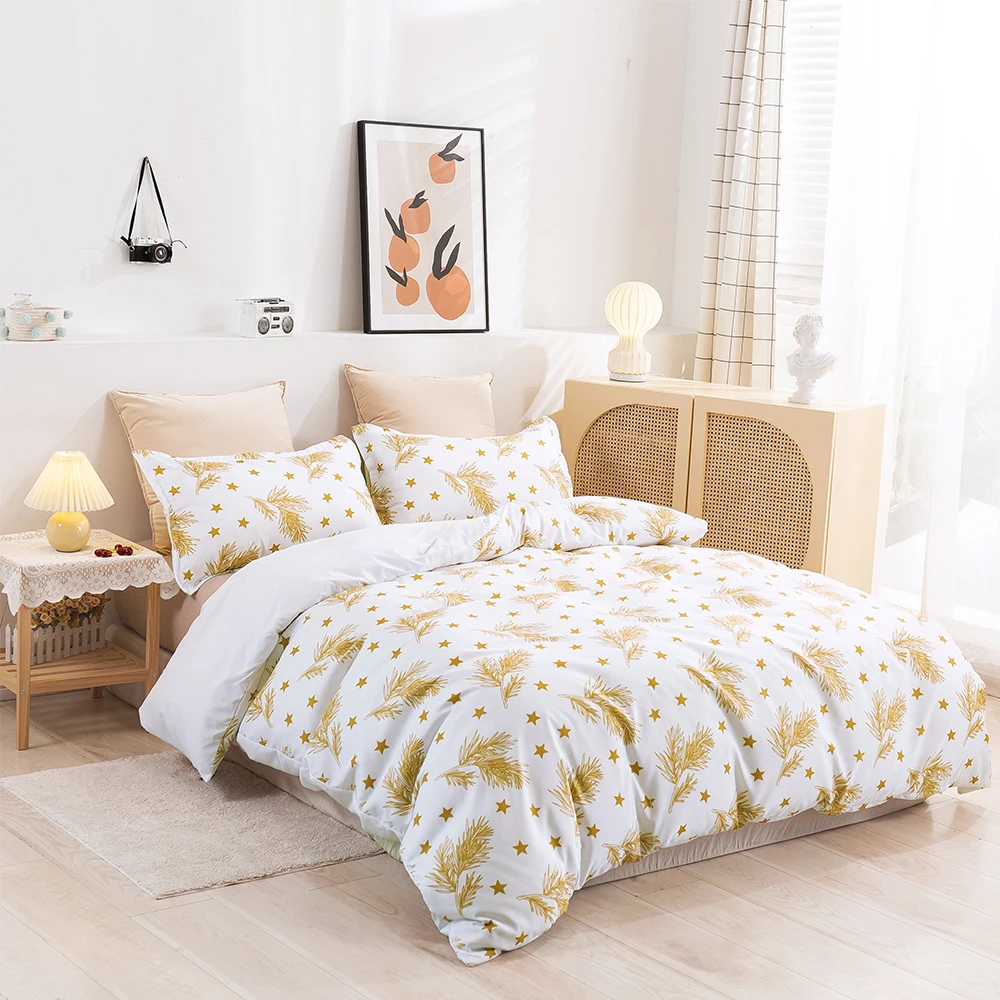 Gold Leaf Bedding Set for Girls Women, White and Gold Duvet Cover Set Queen Size Star Decor Comforter Cover for Kids Teens Adult