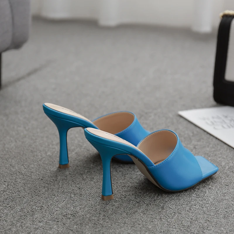 New 2020 Summer Women Slipper Square Toe Thin High Heel Ladies Sandal Mules High Quality Elegant Dress Shoes Slides