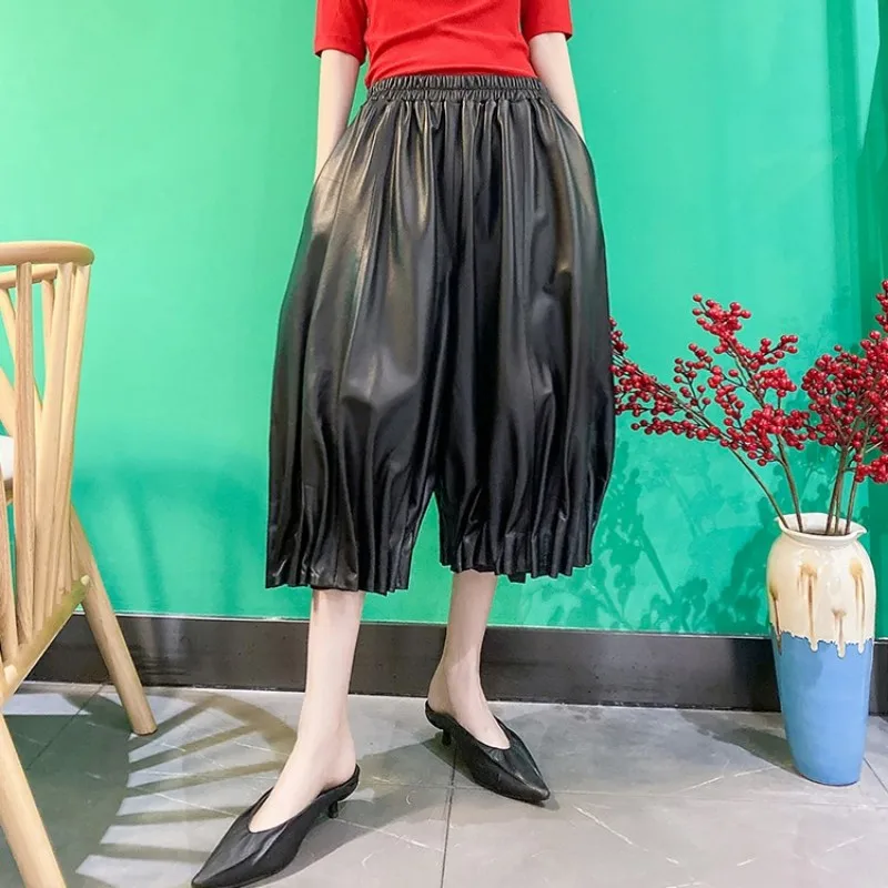 Women Natural Leather Harem Pants Streetwear Casual Wide Leg Pants Elastic High Waist Loose Office Calf-Length Pants