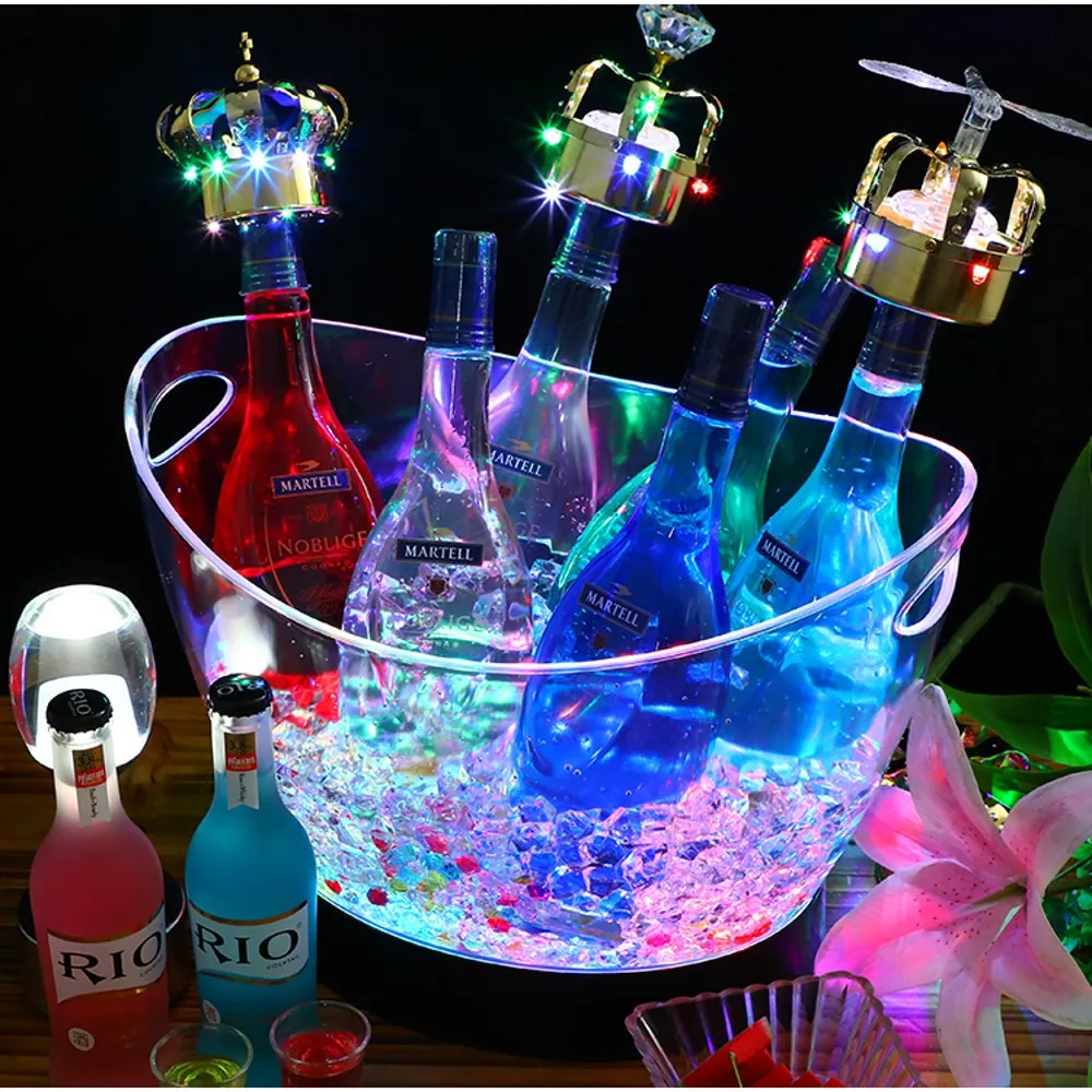 8L Transparent LED Luminous Ice Cube Storage Buckets Barrel Shaped Bar Beer Bottle Cooler Container Light Up Champagne Wine Hold