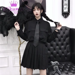 Harajuku Women Blouse Punk Streetwear Black Casual Gothic Shirts Student Long Sleeve Loose Turn Down Collar Shirt Tops Mujer