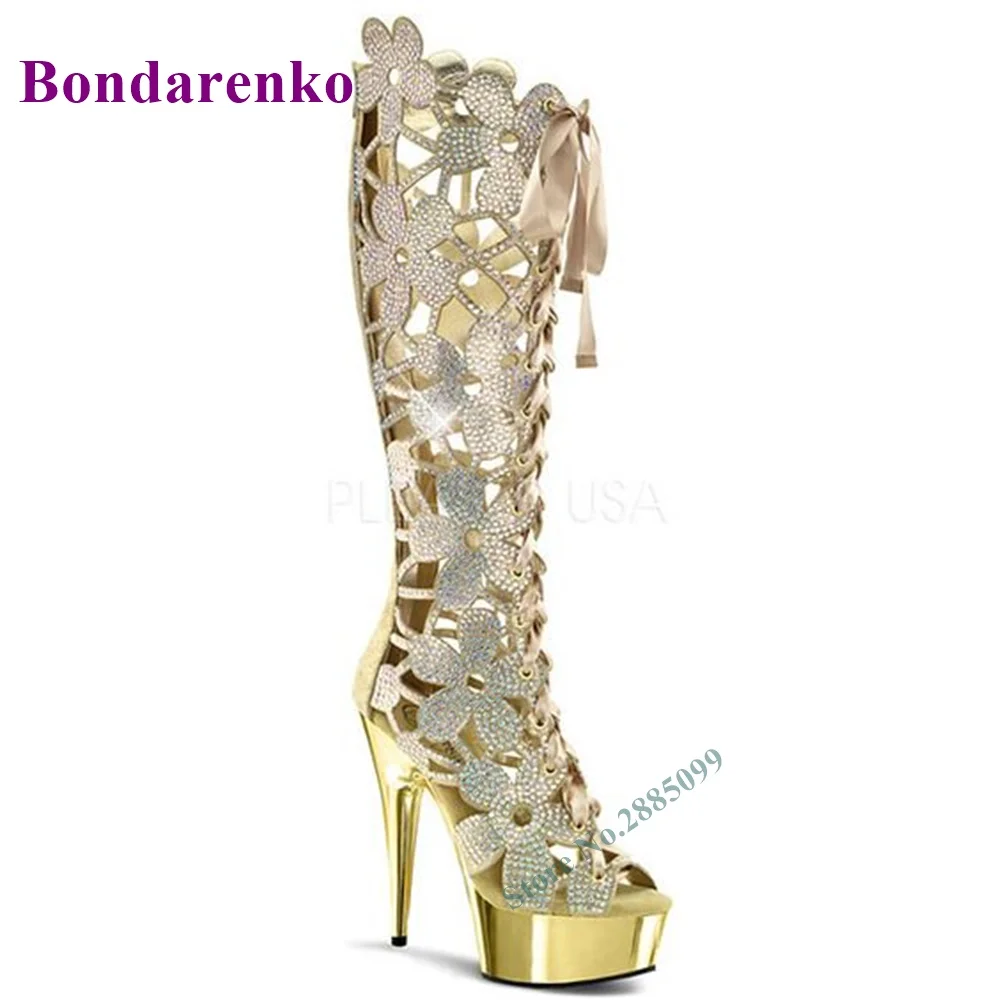 Crystals Flower Stud Platform Sandals Boots Thin High Heel Knee High Lace Up Solid Bling Boots Back Zipper Peep Toe Sandals Boot