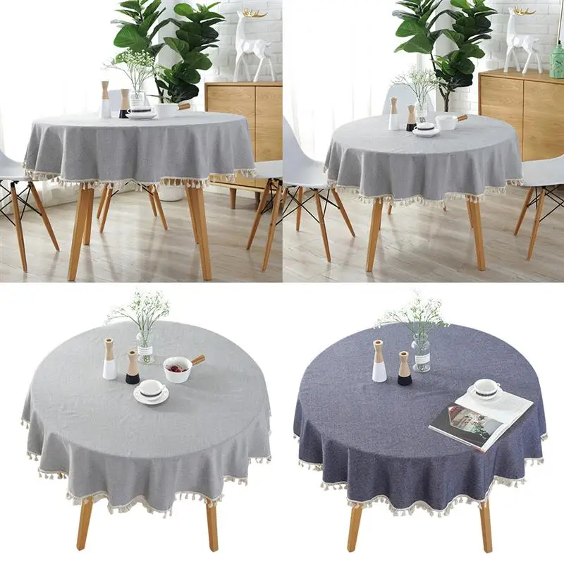 

Creative Nordic Style Solid Color Table Cloth Washable Round Tassel Checkered Tablecloth Table Cover Decor