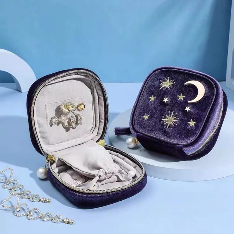 Blue Velvet Jewelry Storage 10*10cm Square Moon Star Embroidery Zipper Bags Necklace Bracelet Earring Organizer Carrying Case