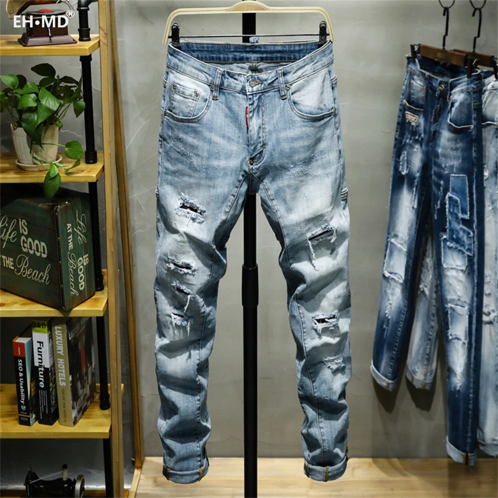 EH · MD® Triple Stitching Jeans Men's Large Leather Label Soft Casual Cotton Loose Scratch Trousers Holes Red Ears 2022 High-end