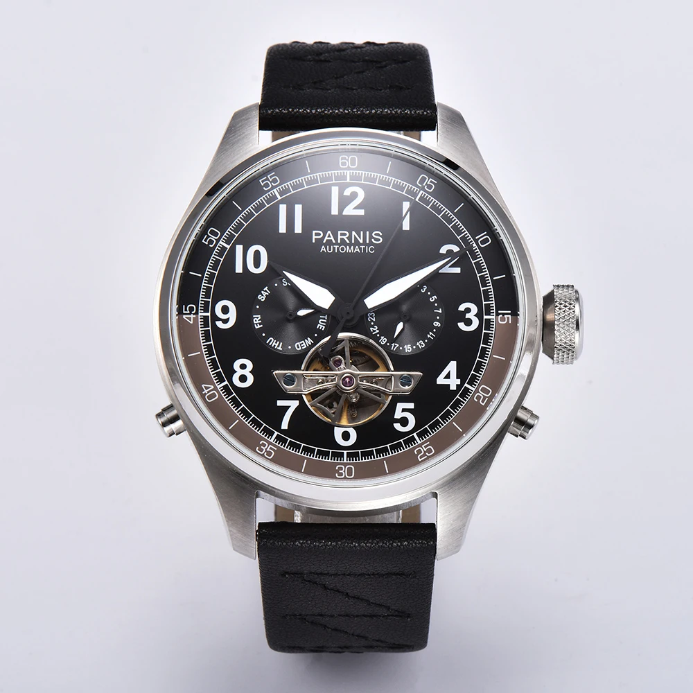 New Arrival Parnis 48mm Men Watch Automatic Mechanical Black Strap Calendar Week Display Skeleton Tourbillon Mens Watches 2023