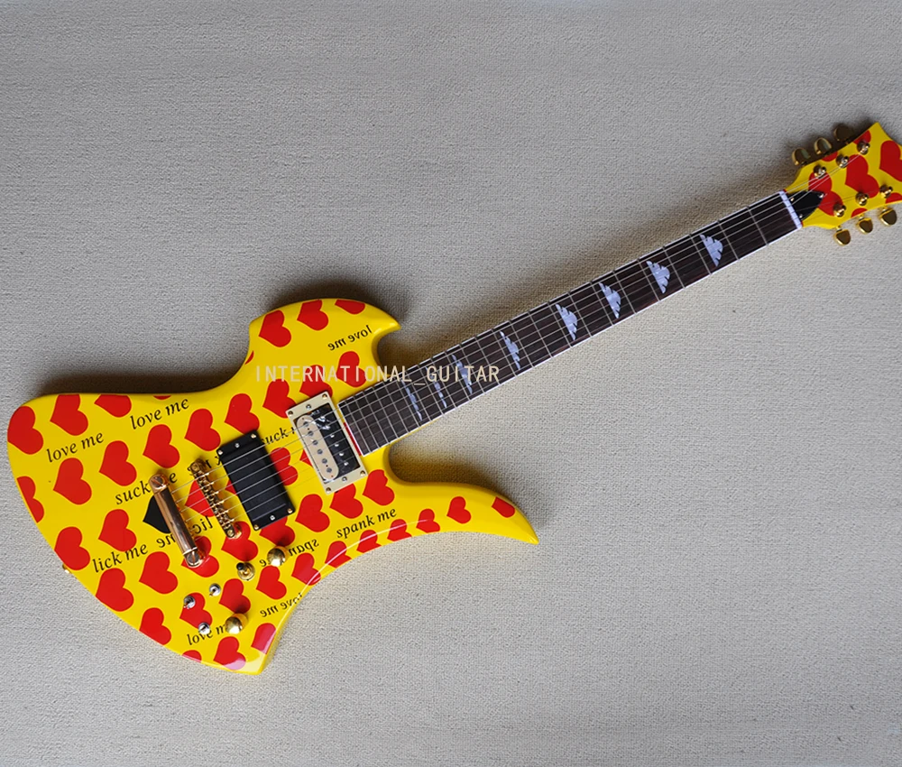 6 Strings Yellow Unusual Shaped Electric Guitar with Red Heart Pattern,Rosewood Fretboard