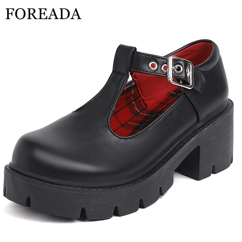 

FOREADA Woman Shoes T-strap High Block Heels Pumps College Student Platform Lady Footwear JK Uniform Square Toe Buckle Pumps 43