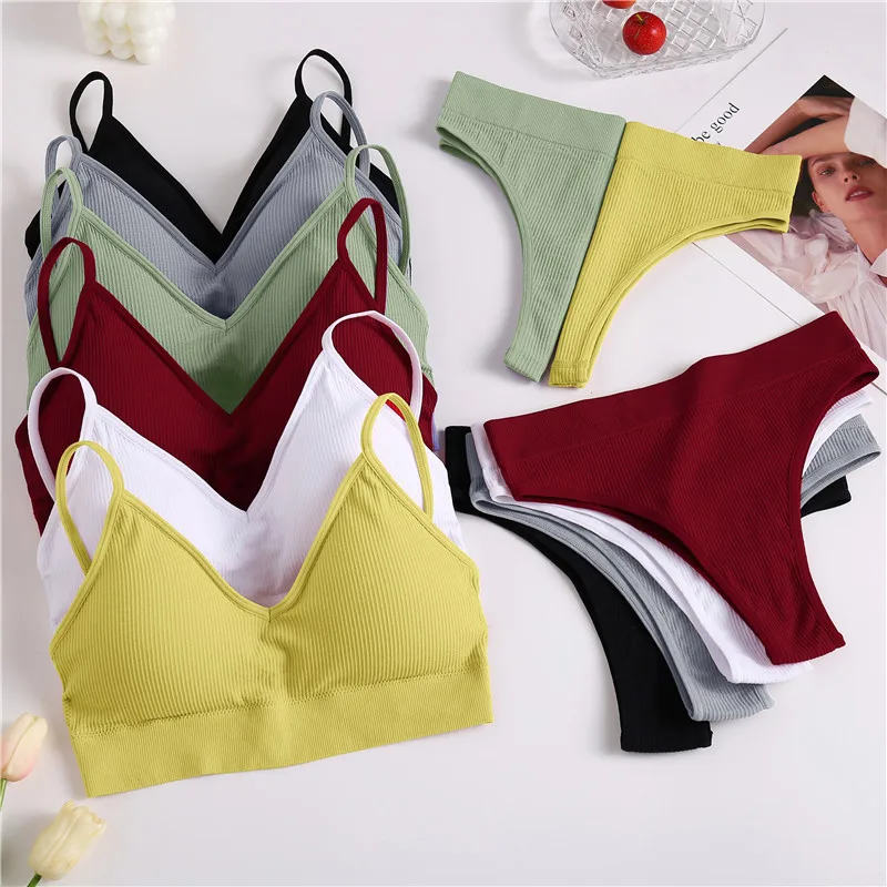 Women Bra Sets Sexy Lingerie Female Underwear Bralette Ribbed Tops Girls Fashion Brassiere Basic Stretchy Tank Crop Tops Suit