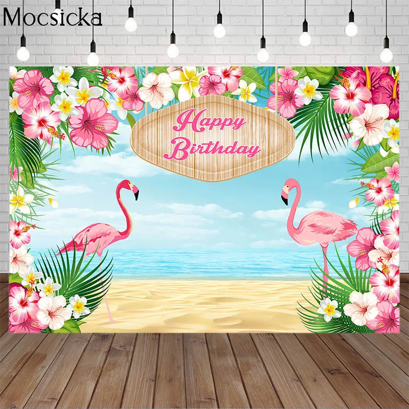 

Flamingo Girl Happy Birthday Backdrop Let's Flamingle Party Decor Banner Hawaiian Tropical Flowers Photography Photo Background