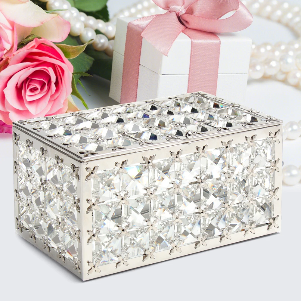 LASODY Crystal Jewelry Beads Trinket Box Organizer Rings Earrings Box with Mirrored Dresser Home Decoration