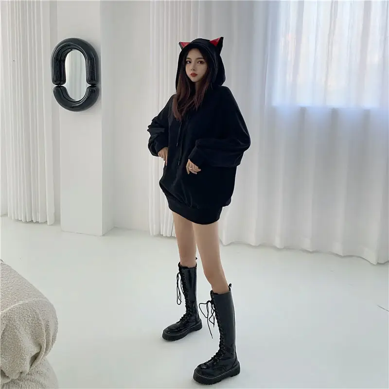 Houzhou orelhas de gato hoodie feminino preto kawaii manga longa outono inverno moletom com capuz gótico streetwear solto roupas casuais