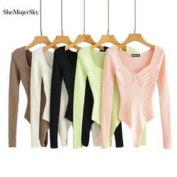 Sexy Square Collar Elastic Slim Bodysuits Women Long Sleeve Knitted Solid Color Jumpsuits Spring Autumn Bodysuit